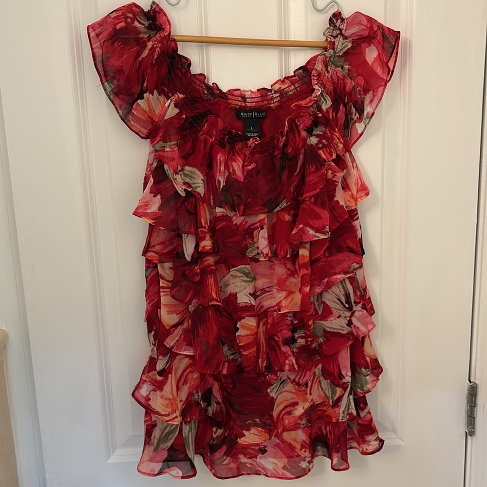 White House Black Market Tiered Ruffle Floral Print Off Shoulder Blouse SZ L